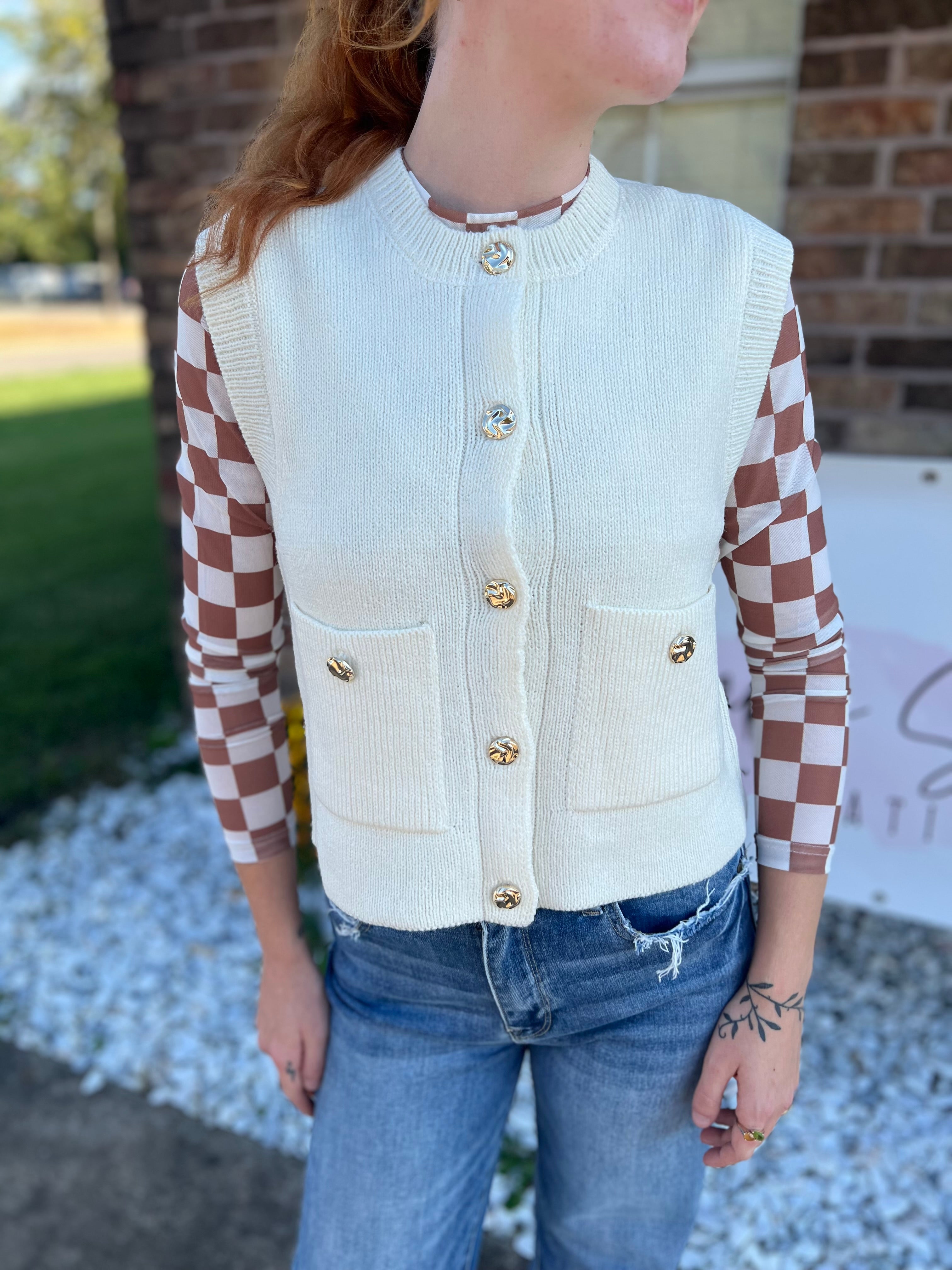Sleeveless Knit Sweater Vest Gold Buttons