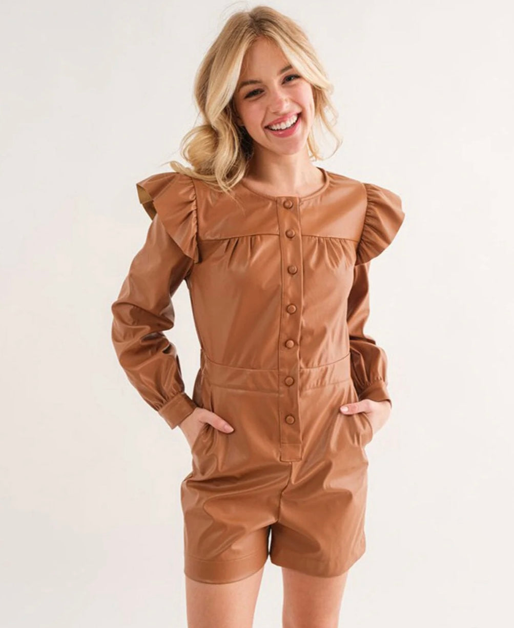 WOMEN'S LONG SLEEVE BUTTON UP POCKETS PU PLEATHER ROMPER