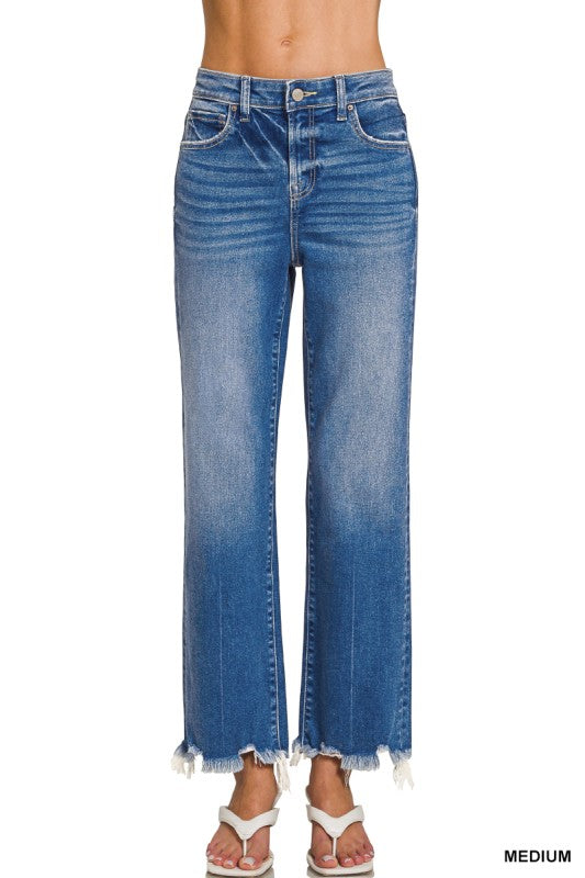 Zenana Distressed Hem Denim Pants