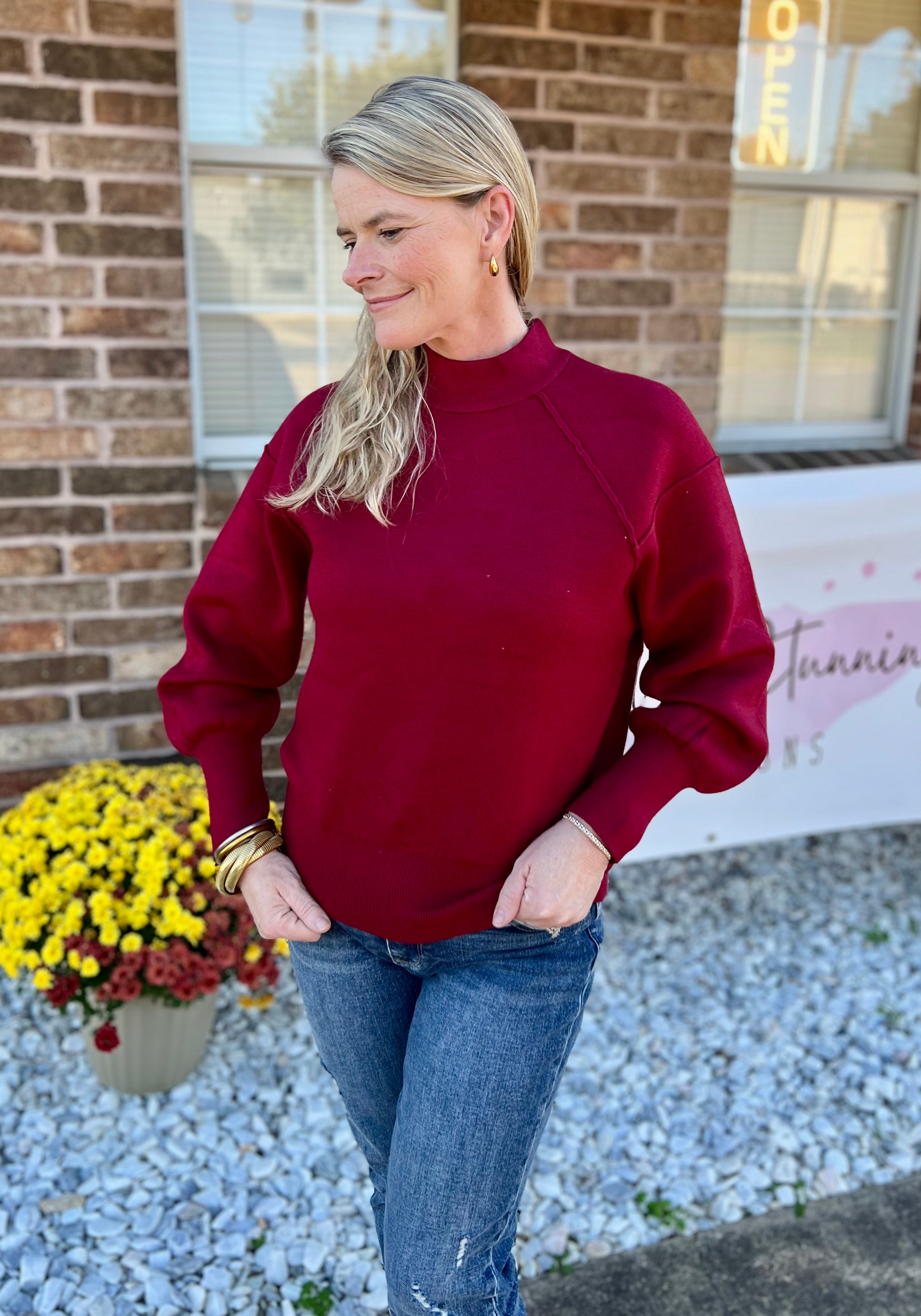 VISCOSE MOCK NECK EXPOSED SEAM SWEATER