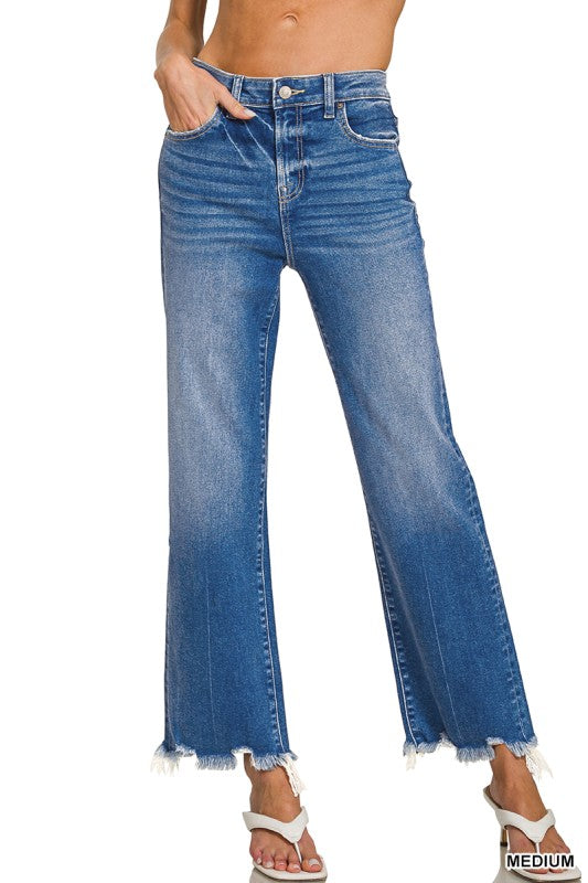Zenana Distressed Hem Denim Pants