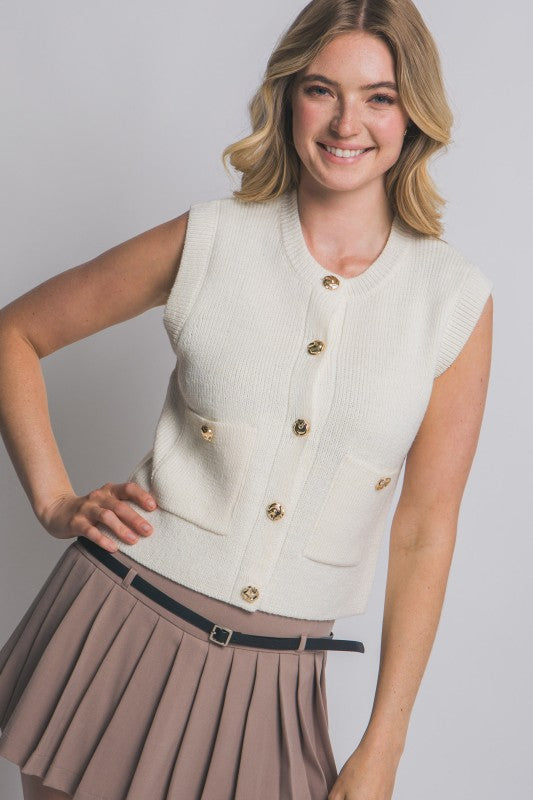 Sleeveless Knit Sweater Vest Gold Buttons
