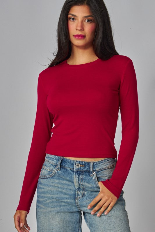 FINE RIBBED CREW NECK LONG SLEEVE TOP 3 COLORS
