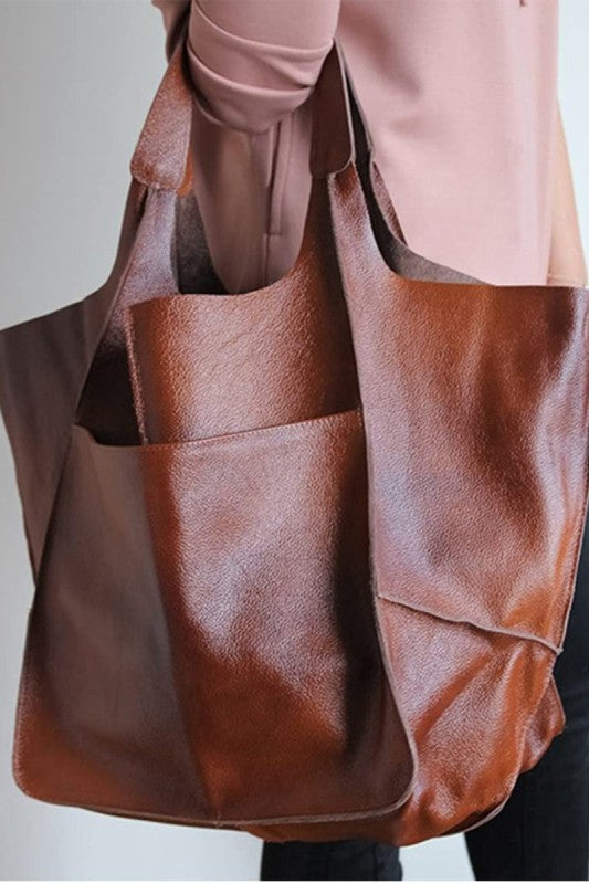 OVERSIZE LARGE CAPACITY SOFT VEGAN LEATHER BAG IN BROWN
