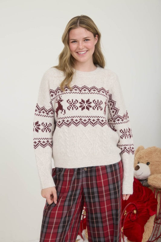 Snowflake Deer Cable Knit Pullover Sweater