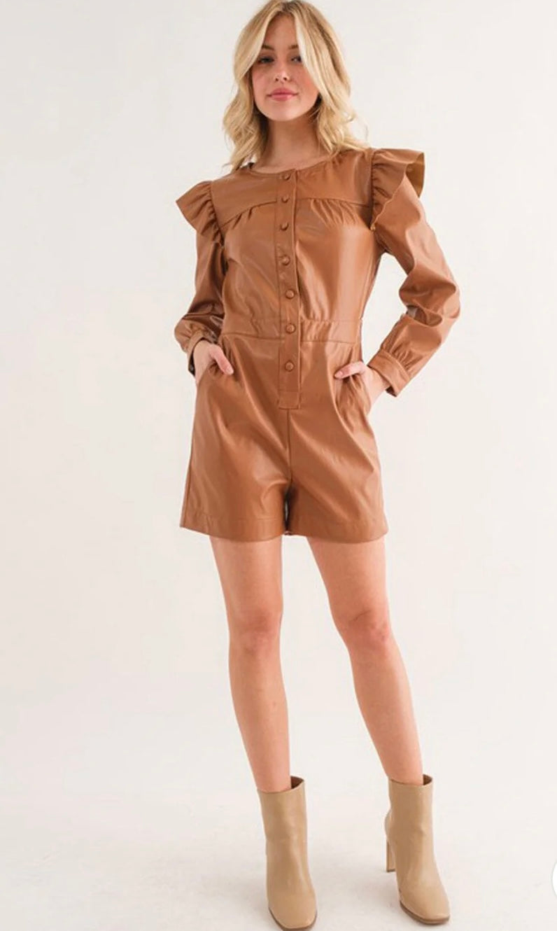 WOMEN'S LONG SLEEVE BUTTON UP POCKETS PU PLEATHER ROMPER