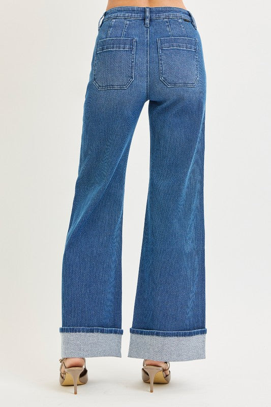 Risen Ribbed Mid Rise Wide Leg Cuffed Jeans