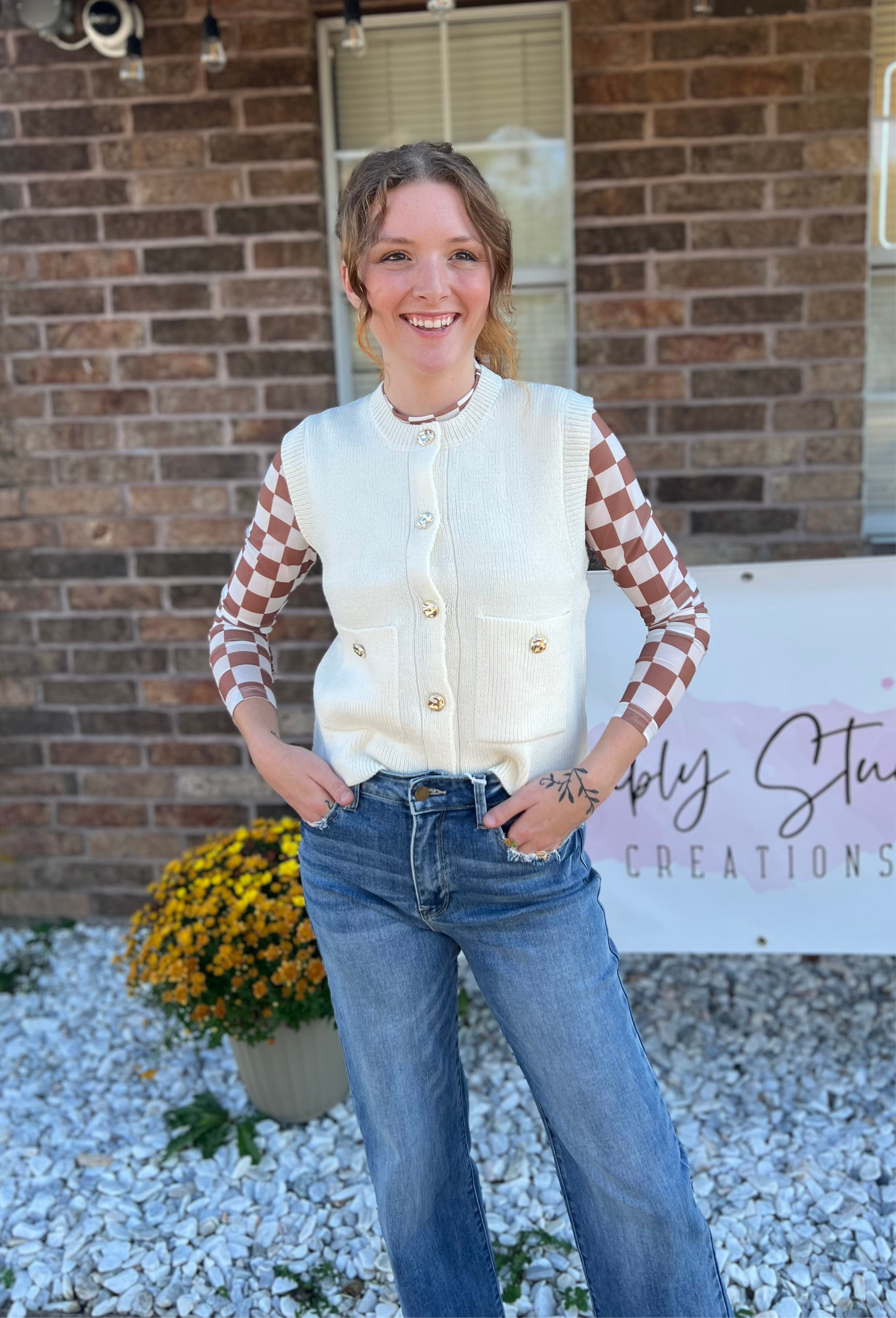 Sleeveless Knit Sweater Vest Gold Buttons