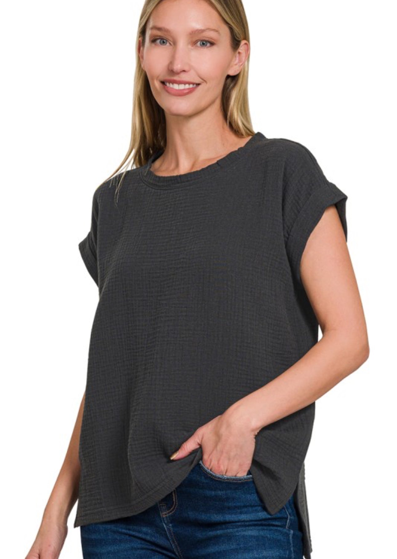 ZENANA DOUBLE GAUZE SHORT SLEEVE TOP