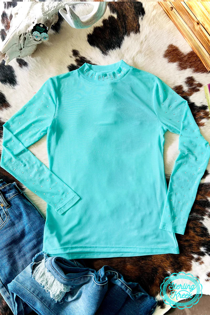 Sterling Kreek Turquoise Rhinestone Mesh Top