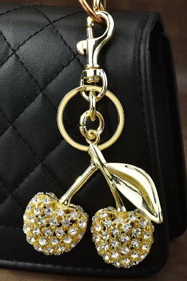 GOLD RHINESTONE CHERRY PURSE CHARM