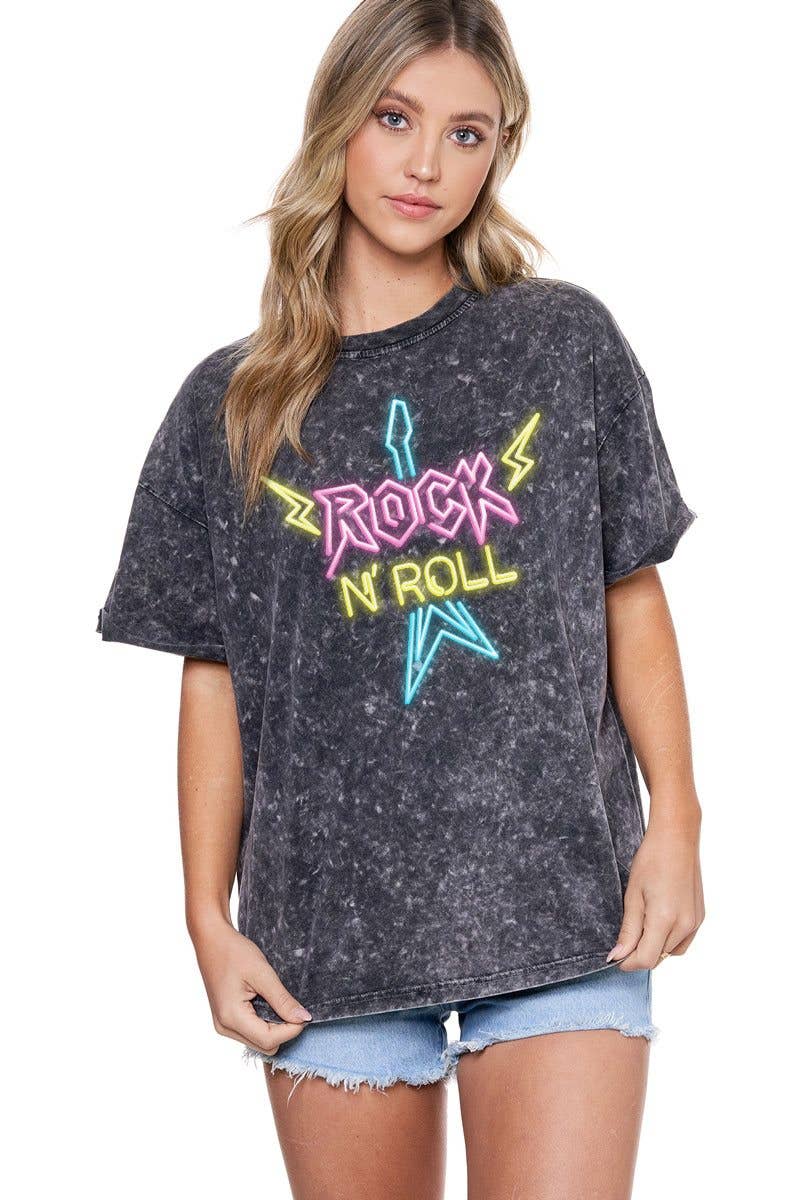 Neon Sign Rock N Roll Graphic Mineral Washed Tee