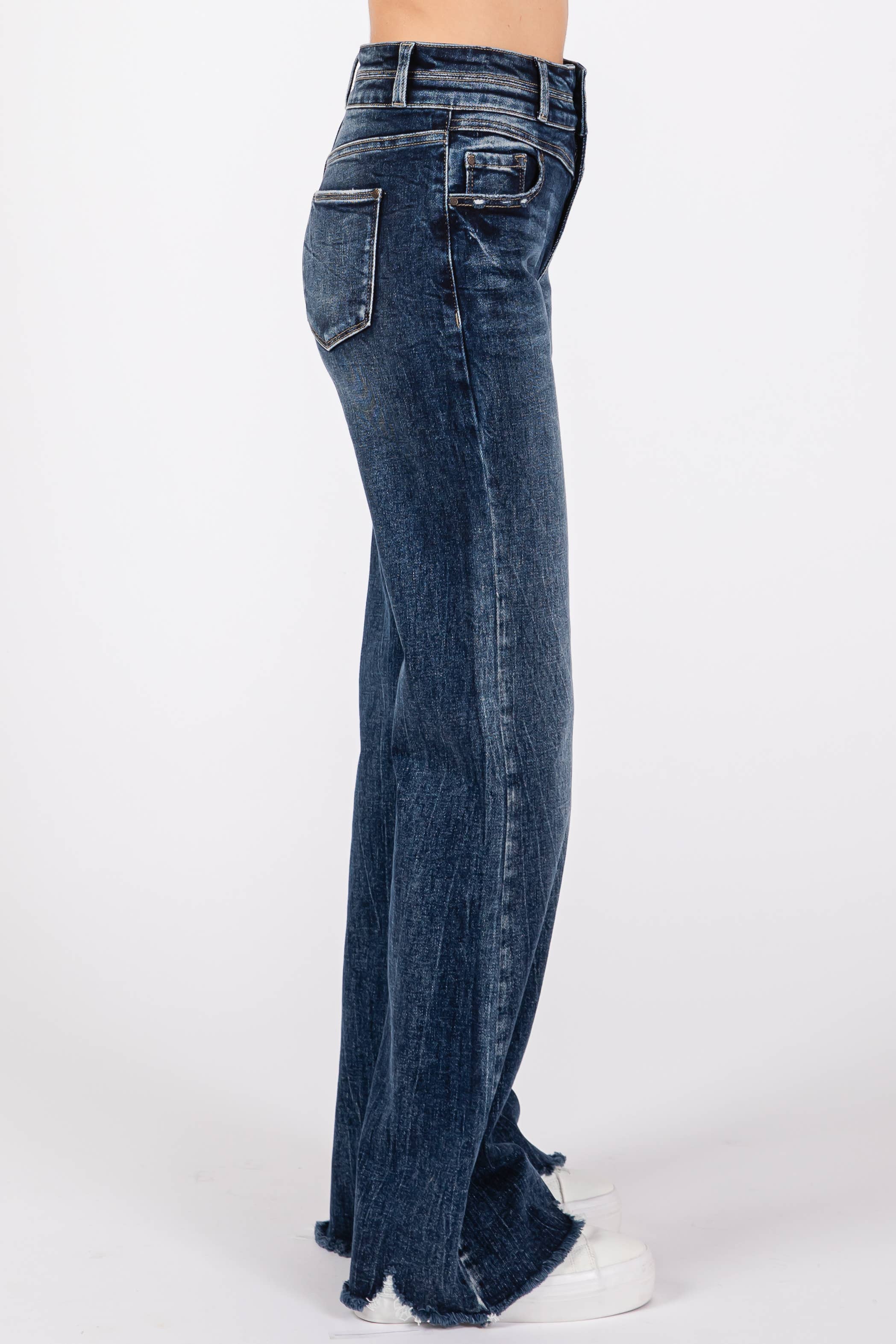 PETRA HIGH RISE STRETCH WIDE LEG FLARE JEANS WITH FRAYED HEM