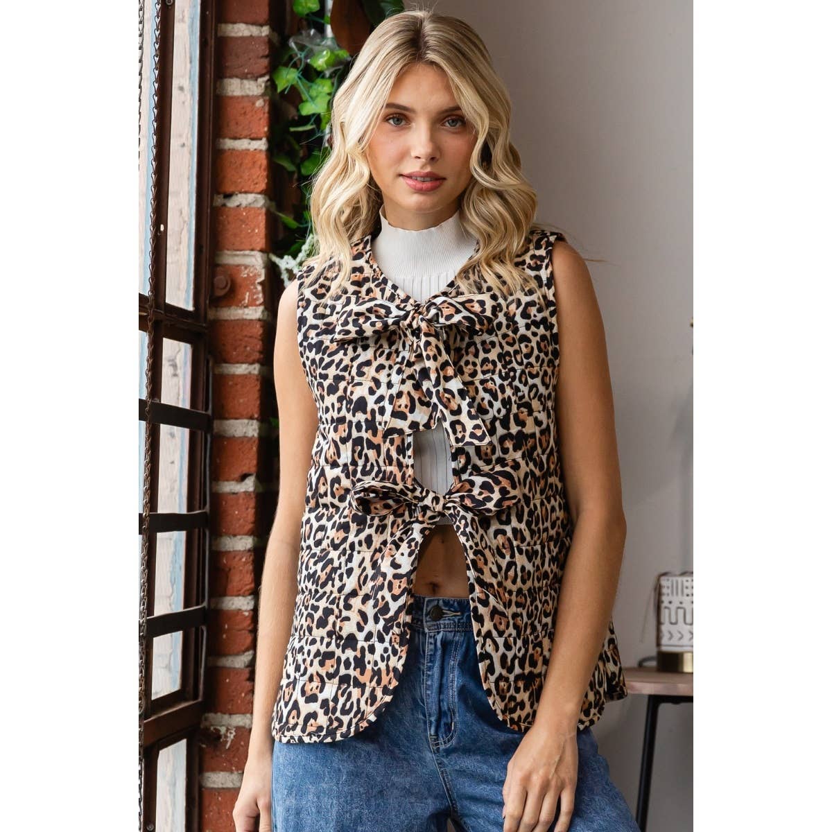 LEOPARD QUILT RIBBON TIE VEST