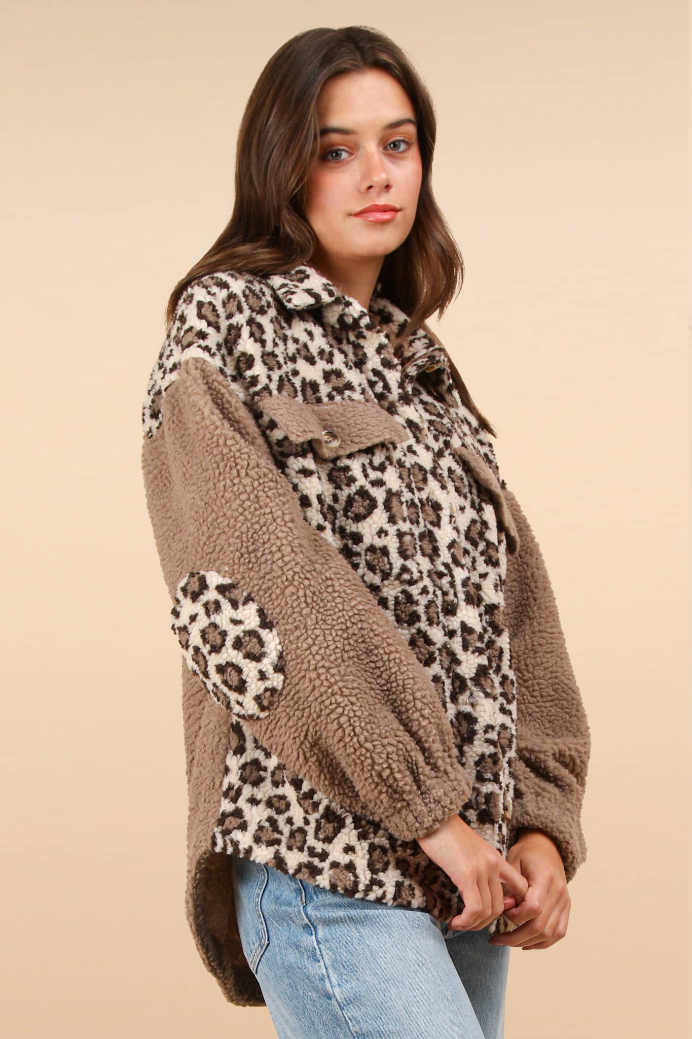 OVERSIZED LEOPARD PRINTED FLEECE JACKET