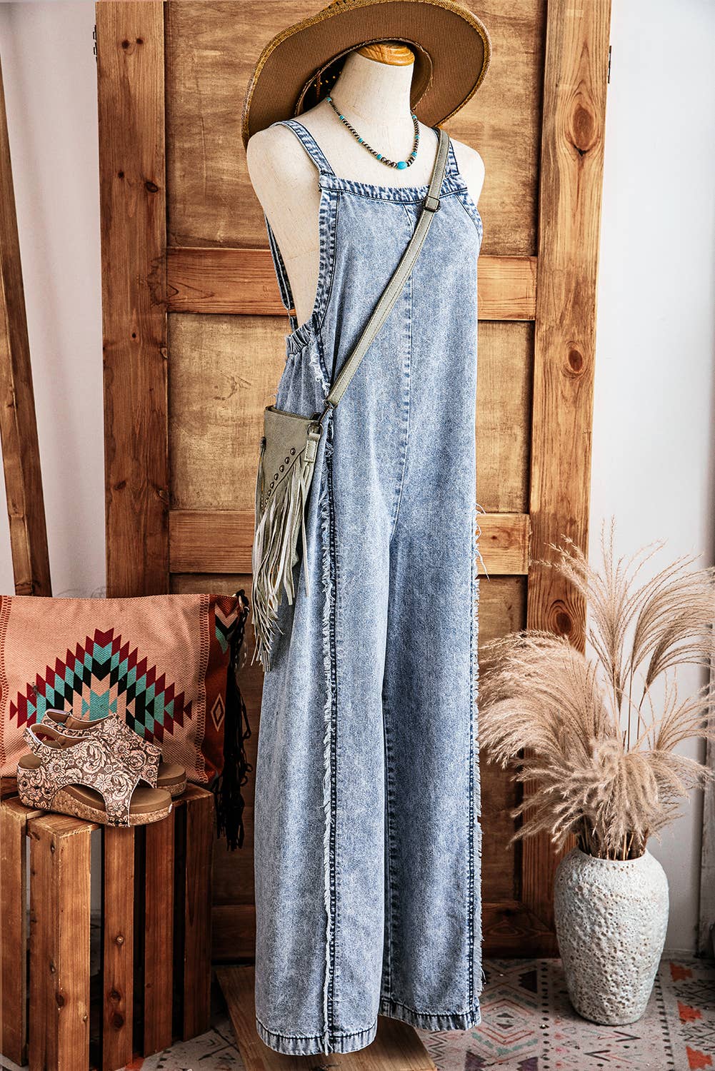 Fall Clothing Light Wash Frayed Exposed Seam Denim Overall