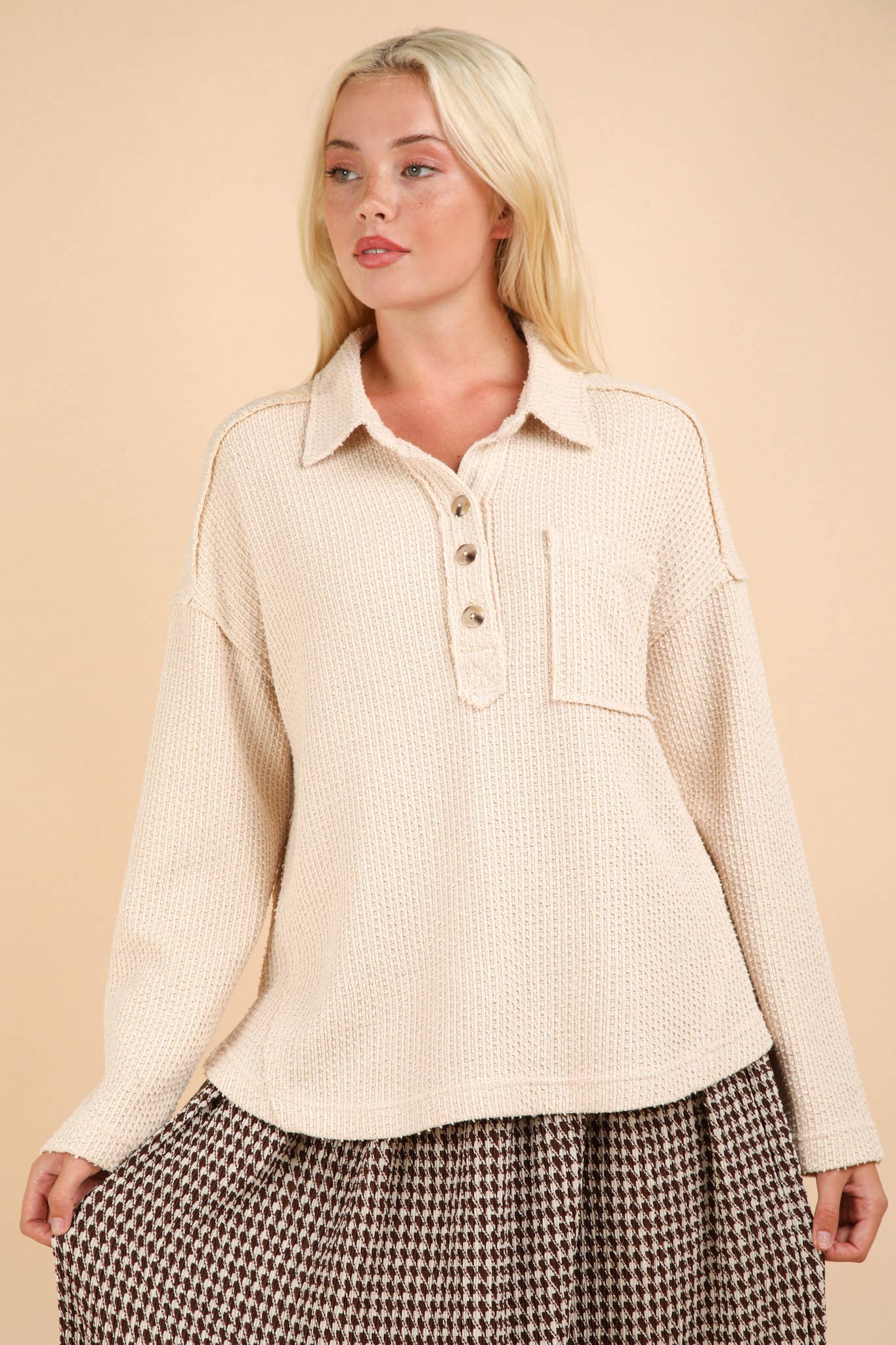 HALF BUTTON DOWN COLLARED HENLEY TOP