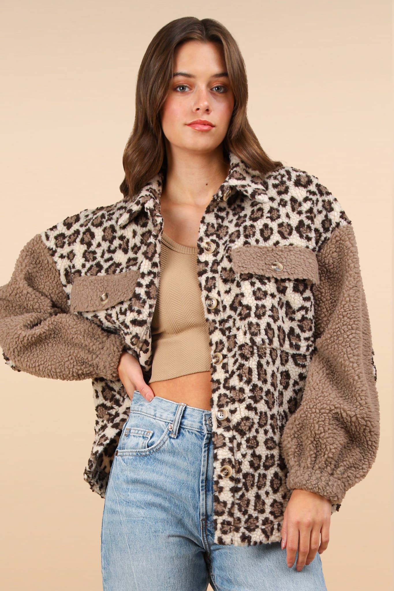 OVERSIZED LEOPARD PRINTED FLEECE JACKET